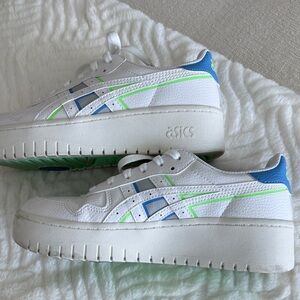 Asics White Sneakers with Blue and Neon Green Highlights